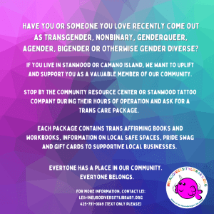 Image is a multicolored gradient background. Lower right of image is the library logo, a flappy pink narwhal with rainbow text that reads "neurodiversitylibrary.org" and "home of the neurodivergent narwhals"

Text reads:

Have you or someone you love recently come out as transgender, nonbinary, genderqueer, agender, bigender or otherwise gender diverse?

If you live in Stanwood or Camano Island, we want to uplift and support you as a valuable member of our community.

Stop by The Community Resource Center or Stanwood Tattoo Company during their hours of operation and ask for a Trans Care package.

Each package contains trans affirming books and workbooks, information on local safe spaces, pride swag and gift cards to supportive local businesses.

Everyone has a place in our community. Everyone belongs.

For more information, contact Lei:
lei@neurodiversitylibrary.org
425-791-0869 (text only please)